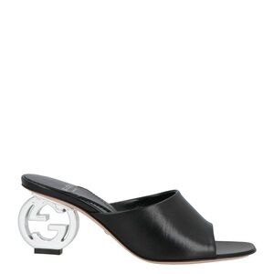 Gucci black leather peep-toe mules with 70mm silver GG logo heel